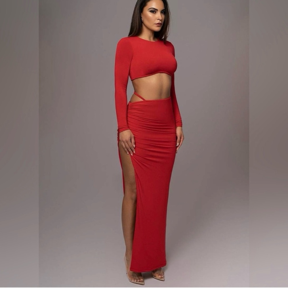 JLUXLABEL Red Maxi Pencil Dress with Cut Out and Slit